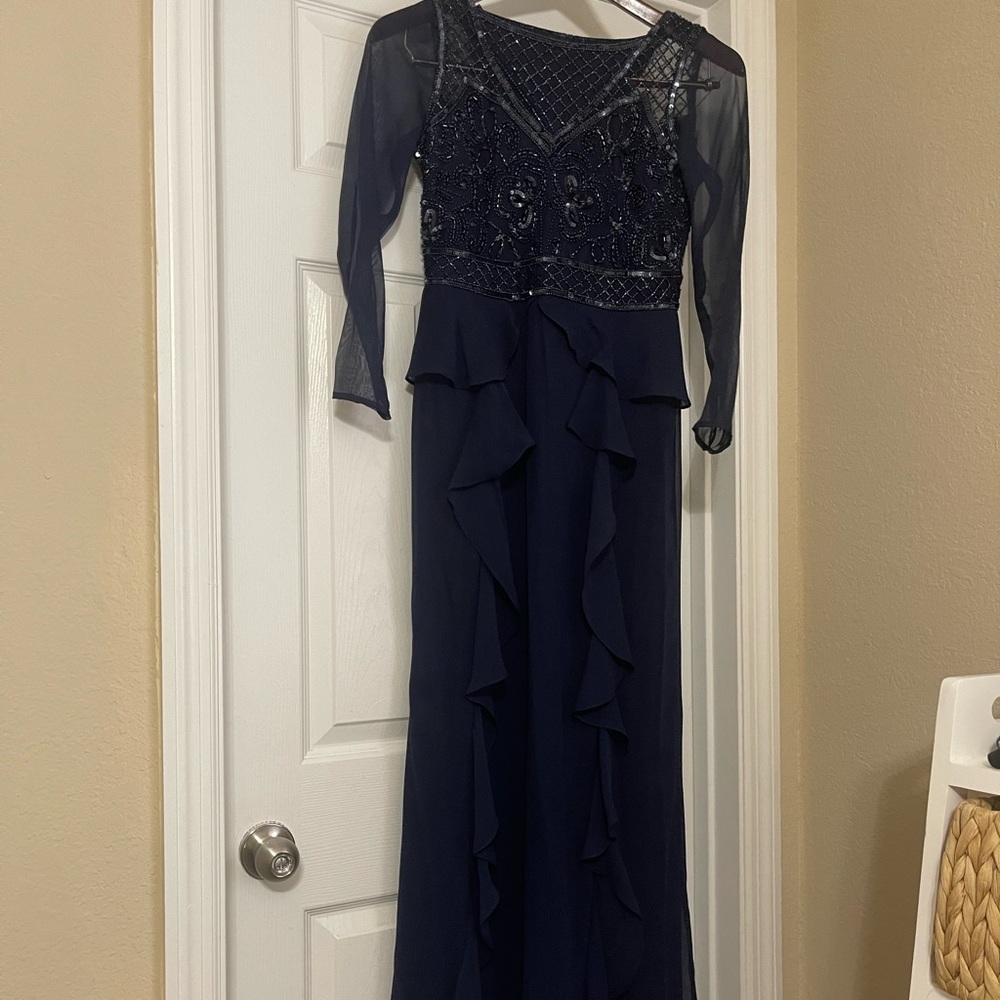 Modest Navy Blue Ruffled and Beaded Dress (Hijabi Friendly Dress)
